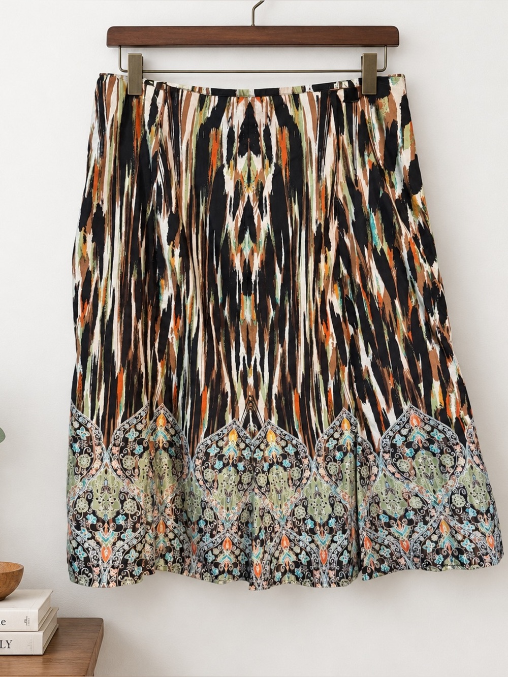 Boho Border Print A-Line Skirt Medallion Knee Length M 10